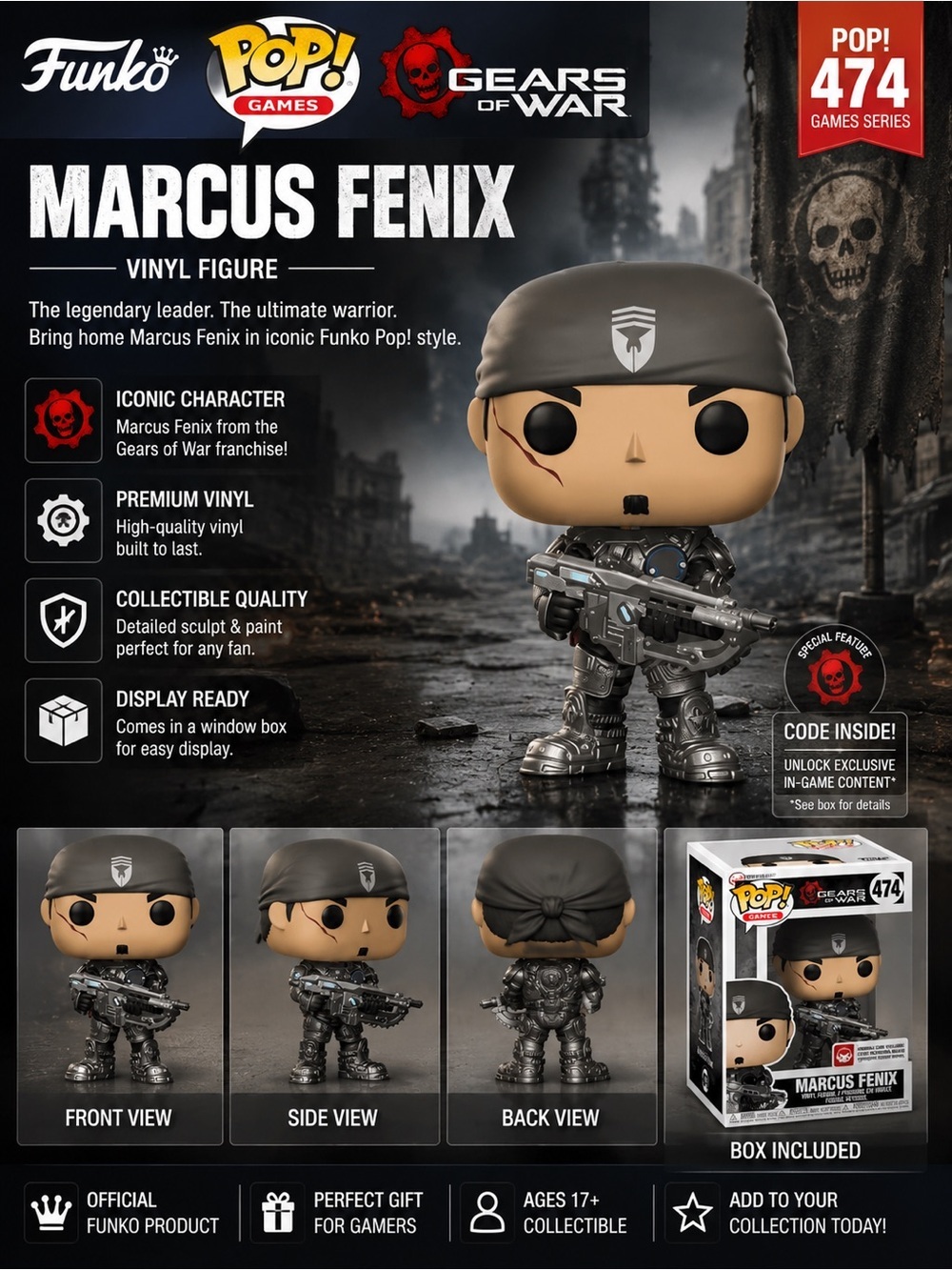 Funko Marcus Fenix Vinyl Figure - Black, Gray, Silver